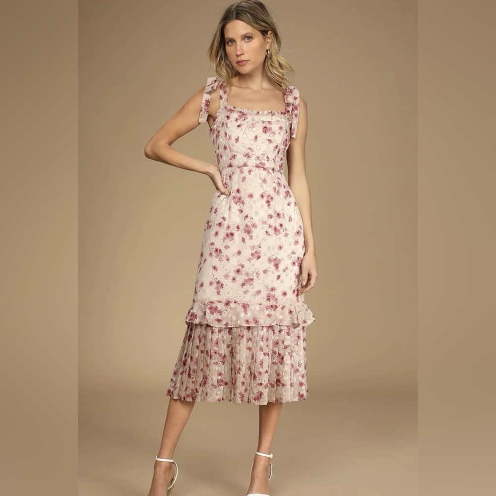 Lulus Terrace Views Taupe Floral Print Tiered Mid Dress